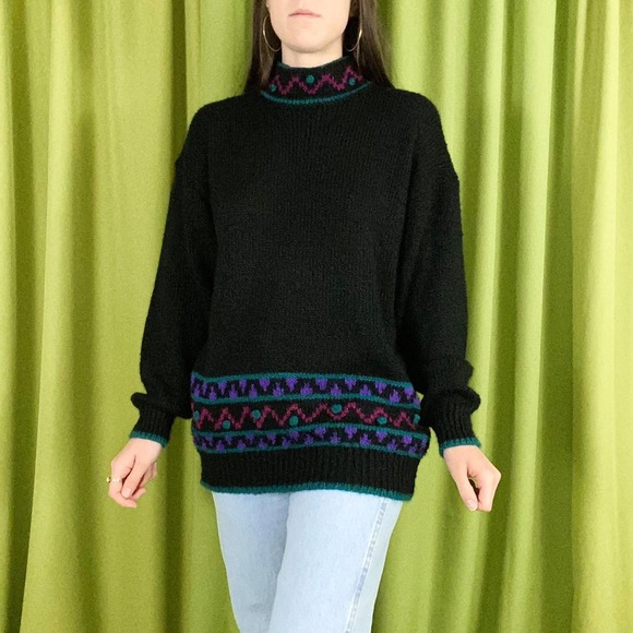 90s Vintage Black Purple and Teal Abstract Print Knit Turtleneck Sweater - Picture 2 of 5
